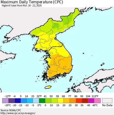 Korea Maximum Daily Temperature (CPC) Thematic Map For 3/16/2020 - 3/22/2020