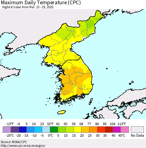 Korea Maximum Daily Temperature (CPC) Thematic Map For 3/23/2020 - 3/29/2020