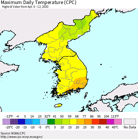 Korea Maximum Daily Temperature (CPC) Thematic Map For 4/6/2020 - 4/12/2020