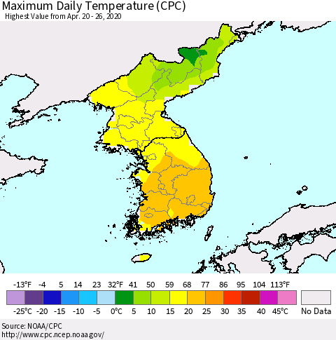 Korea Maximum Daily Temperature (CPC) Thematic Map For 4/20/2020 - 4/26/2020