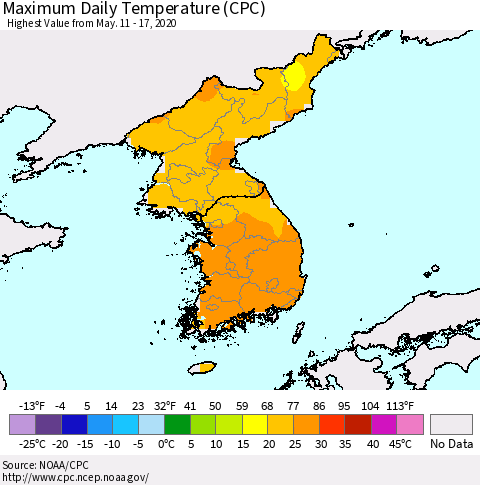 Korea Maximum Daily Temperature (CPC) Thematic Map For 5/11/2020 - 5/17/2020