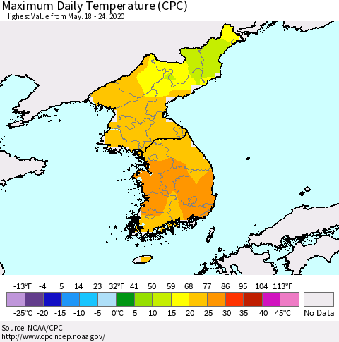Korea Maximum Daily Temperature (CPC) Thematic Map For 5/18/2020 - 5/24/2020
