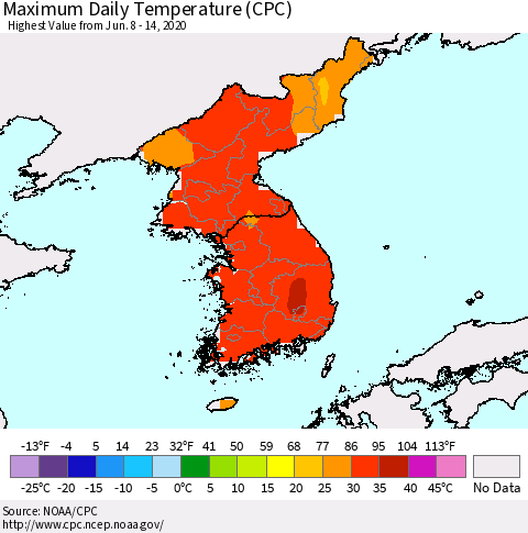 Korea Maximum Daily Temperature (CPC) Thematic Map For 6/8/2020 - 6/14/2020