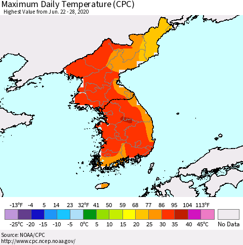 Korea Maximum Daily Temperature (CPC) Thematic Map For 6/22/2020 - 6/28/2020