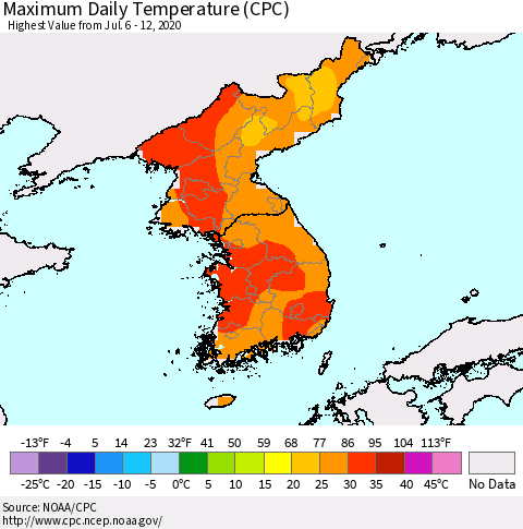 Korea Maximum Daily Temperature (CPC) Thematic Map For 7/6/2020 - 7/12/2020
