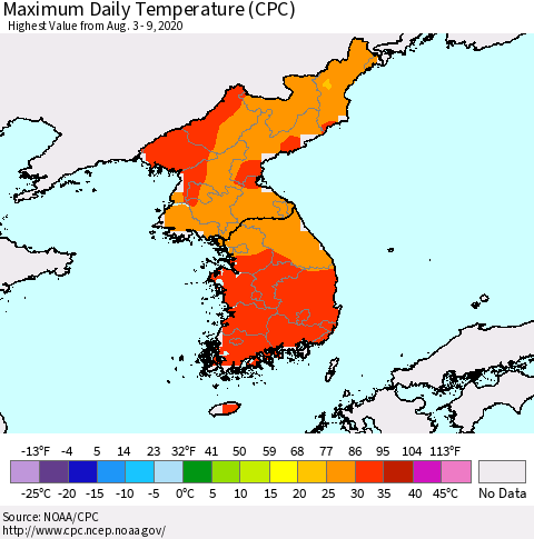 Korea Maximum Daily Temperature (CPC) Thematic Map For 8/3/2020 - 8/9/2020