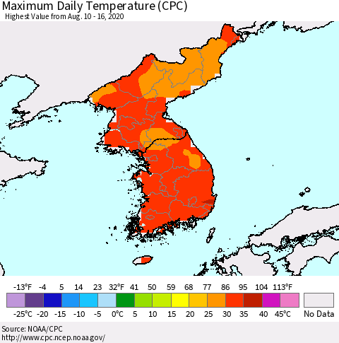 Korea Maximum Daily Temperature (CPC) Thematic Map For 8/10/2020 - 8/16/2020