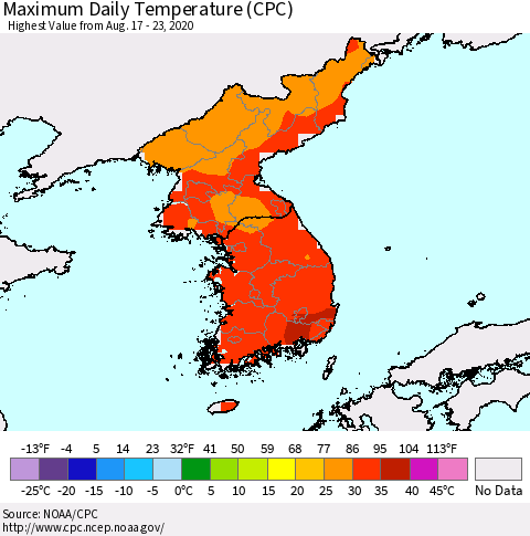 Korea Maximum Daily Temperature (CPC) Thematic Map For 8/17/2020 - 8/23/2020
