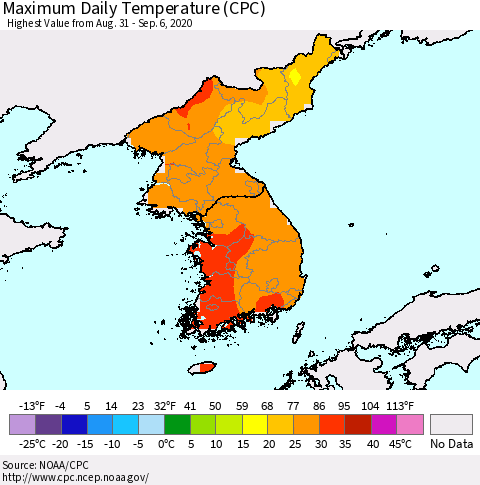 Korea Maximum Daily Temperature (CPC) Thematic Map For 8/31/2020 - 9/6/2020
