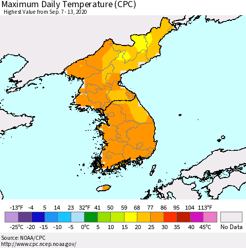 Korea Maximum Daily Temperature (CPC) Thematic Map For 9/7/2020 - 9/13/2020