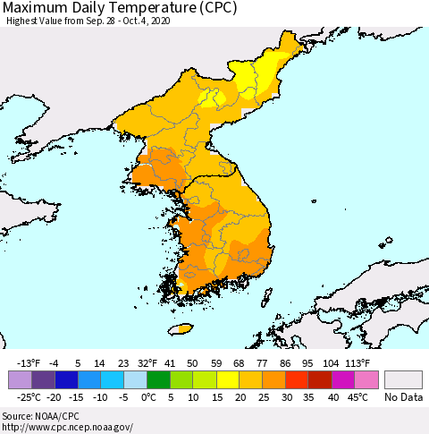 Korea Maximum Daily Temperature (CPC) Thematic Map For 9/28/2020 - 10/4/2020