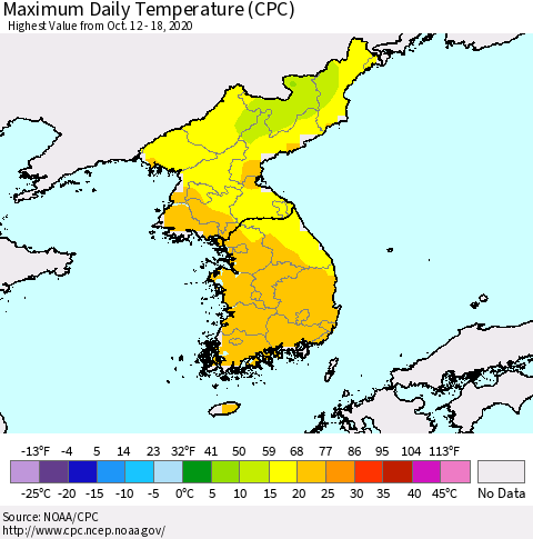 Korea Maximum Daily Temperature (CPC) Thematic Map For 10/12/2020 - 10/18/2020