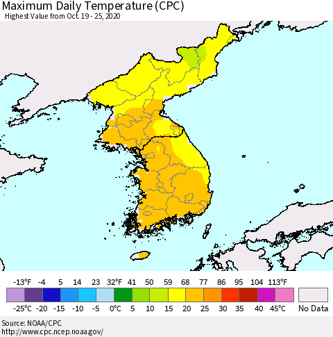 Korea Maximum Daily Temperature (CPC) Thematic Map For 10/19/2020 - 10/25/2020
