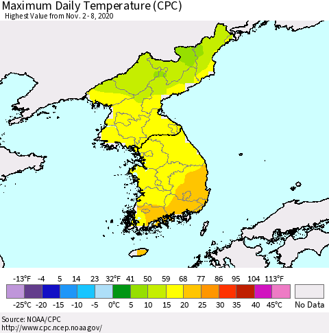 Korea Maximum Daily Temperature (CPC) Thematic Map For 11/2/2020 - 11/8/2020