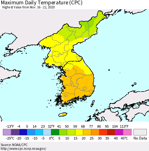 Korea Maximum Daily Temperature (CPC) Thematic Map For 11/16/2020 - 11/22/2020