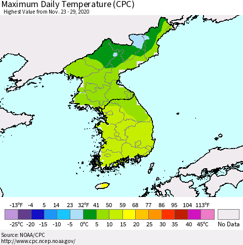 Korea Maximum Daily Temperature (CPC) Thematic Map For 11/23/2020 - 11/29/2020