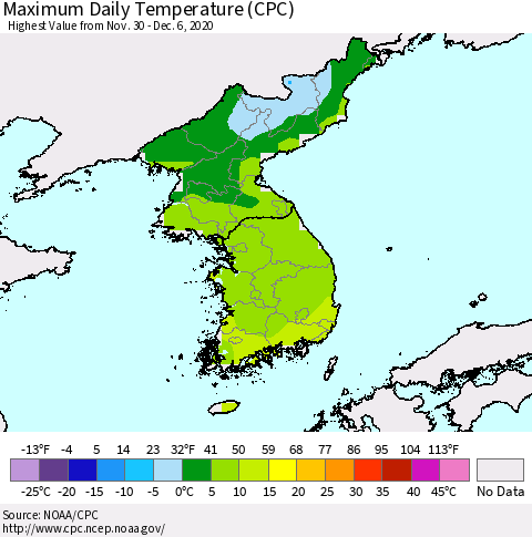 Korea Maximum Daily Temperature (CPC) Thematic Map For 11/30/2020 - 12/6/2020