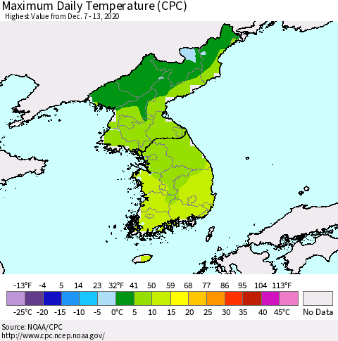 Korea Maximum Daily Temperature (CPC) Thematic Map For 12/7/2020 - 12/13/2020