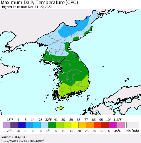 Korea Maximum Daily Temperature (CPC) Thematic Map For 12/14/2020 - 12/20/2020
