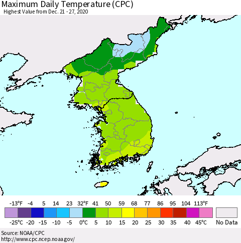 Korea Maximum Daily Temperature (CPC) Thematic Map For 12/21/2020 - 12/27/2020