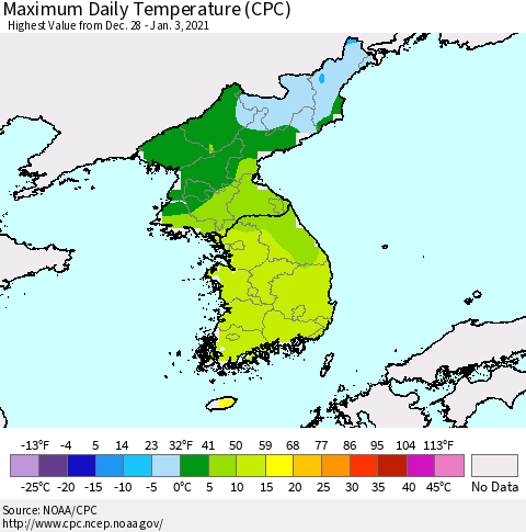 Korea Maximum Daily Temperature (CPC) Thematic Map For 12/28/2020 - 1/3/2021
