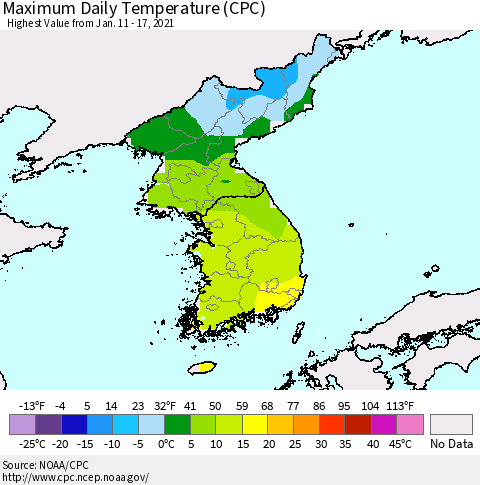 Korea Maximum Daily Temperature (CPC) Thematic Map For 1/11/2021 - 1/17/2021