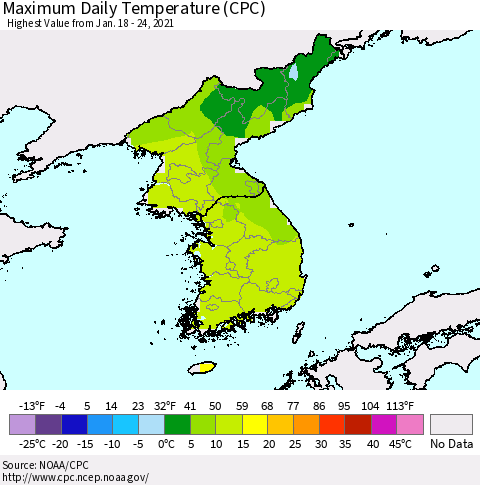 Korea Maximum Daily Temperature (CPC) Thematic Map For 1/18/2021 - 1/24/2021