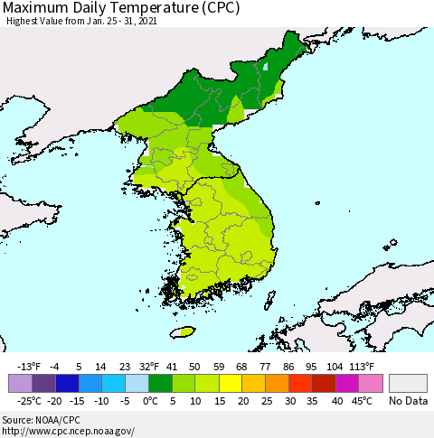 Korea Maximum Daily Temperature (CPC) Thematic Map For 1/25/2021 - 1/31/2021