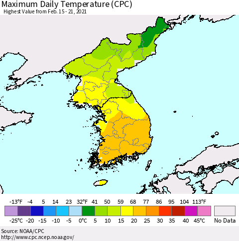 Korea Maximum Daily Temperature (CPC) Thematic Map For 2/15/2021 - 2/21/2021