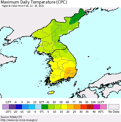 Korea Maximum Daily Temperature (CPC) Thematic Map For 2/22/2021 - 2/28/2021