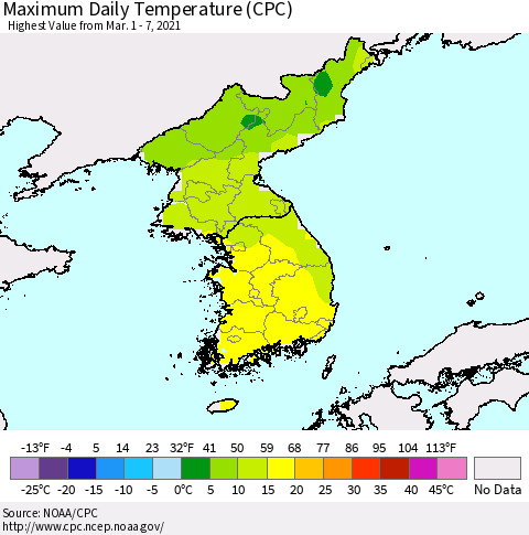 Korea Maximum Daily Temperature (CPC) Thematic Map For 3/1/2021 - 3/7/2021
