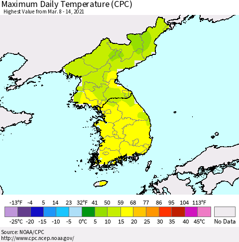 Korea Maximum Daily Temperature (CPC) Thematic Map For 3/8/2021 - 3/14/2021