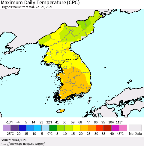 Korea Maximum Daily Temperature (CPC) Thematic Map For 3/22/2021 - 3/28/2021