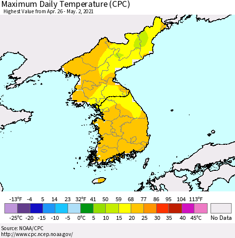 Korea Maximum Daily Temperature (CPC) Thematic Map For 4/26/2021 - 5/2/2021