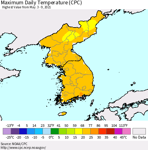 Korea Maximum Daily Temperature (CPC) Thematic Map For 5/3/2021 - 5/9/2021