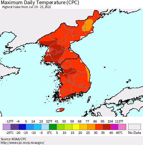 Korea Maximum Daily Temperature (CPC) Thematic Map For 7/19/2021 - 7/25/2021