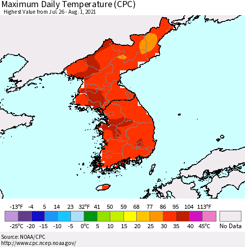 Korea Maximum Daily Temperature (CPC) Thematic Map For 7/26/2021 - 8/1/2021