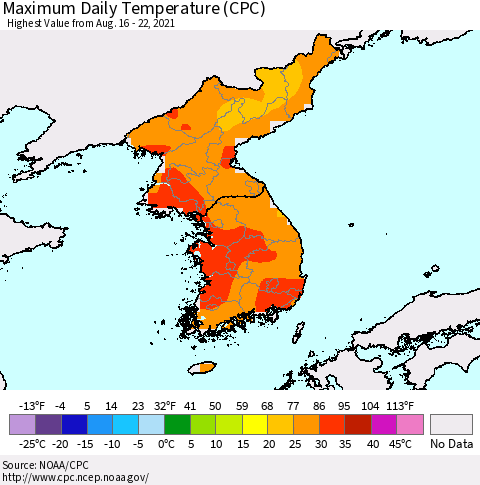 Korea Maximum Daily Temperature (CPC) Thematic Map For 8/16/2021 - 8/22/2021