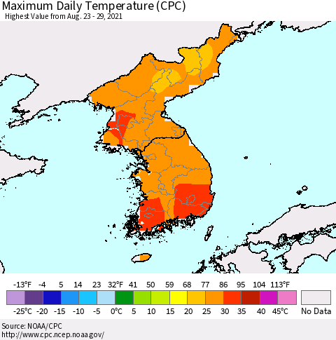 Korea Maximum Daily Temperature (CPC) Thematic Map For 8/23/2021 - 8/29/2021