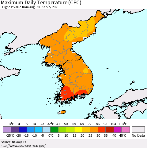 Korea Maximum Daily Temperature (CPC) Thematic Map For 8/30/2021 - 9/5/2021