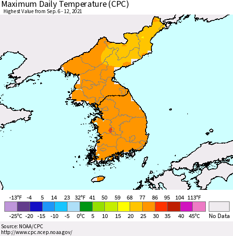 Korea Maximum Daily Temperature (CPC) Thematic Map For 9/6/2021 - 9/12/2021