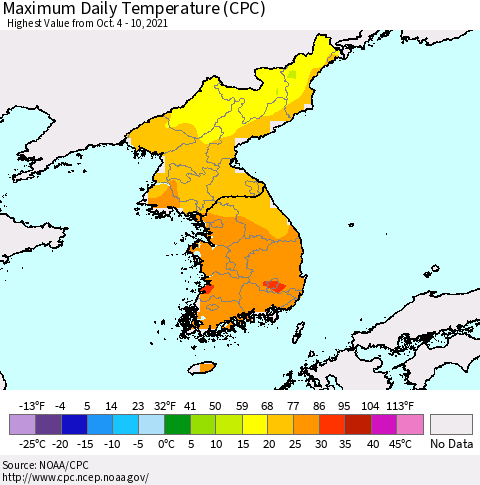 Korea Maximum Daily Temperature (CPC) Thematic Map For 10/4/2021 - 10/10/2021