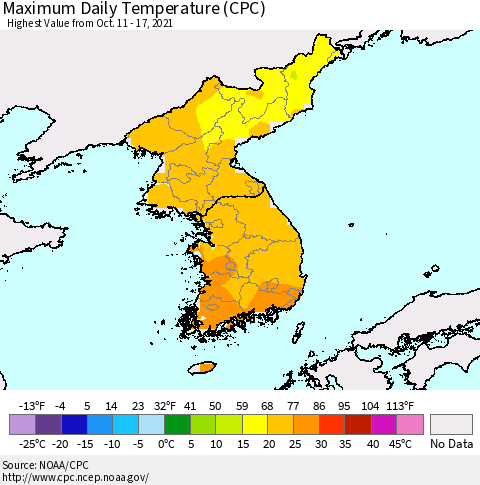 Korea Maximum Daily Temperature (CPC) Thematic Map For 10/11/2021 - 10/17/2021