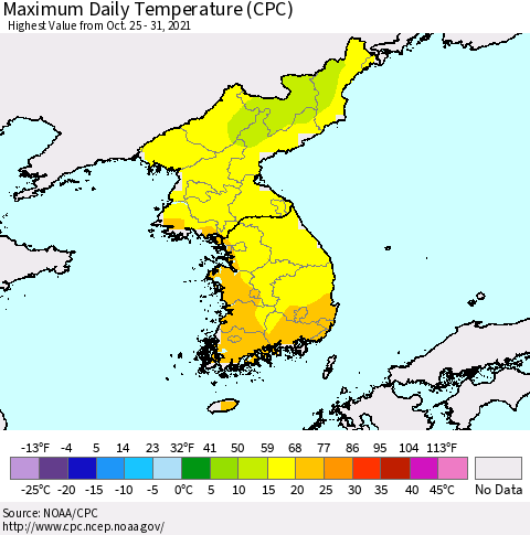 Korea Maximum Daily Temperature (CPC) Thematic Map For 10/25/2021 - 10/31/2021