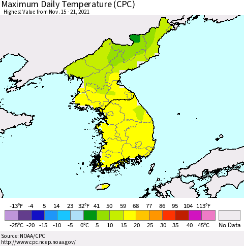 Korea Maximum Daily Temperature (CPC) Thematic Map For 11/15/2021 - 11/21/2021