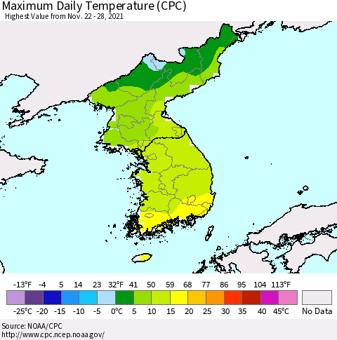 Korea Maximum Daily Temperature (CPC) Thematic Map For 11/22/2021 - 11/28/2021