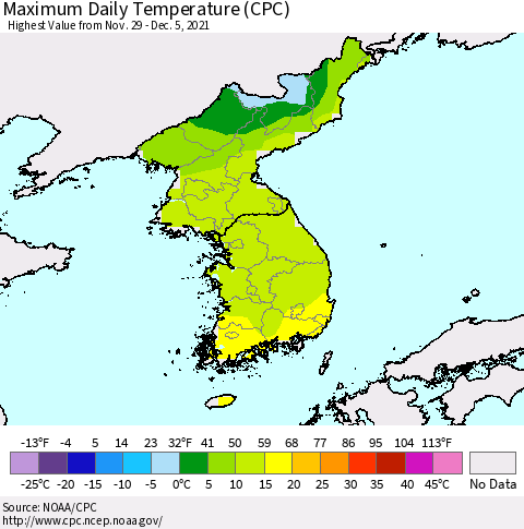 Korea Maximum Daily Temperature (CPC) Thematic Map For 11/29/2021 - 12/5/2021