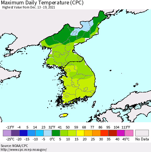 Korea Maximum Daily Temperature (CPC) Thematic Map For 12/13/2021 - 12/19/2021
