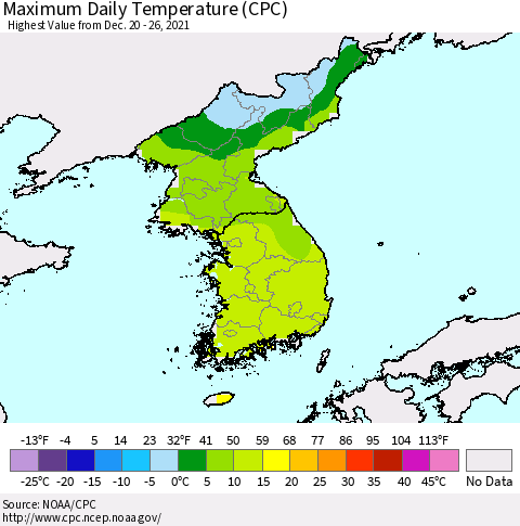 Korea Maximum Daily Temperature (CPC) Thematic Map For 12/20/2021 - 12/26/2021