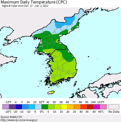 Korea Maximum Daily Temperature (CPC) Thematic Map For 12/27/2021 - 1/2/2022